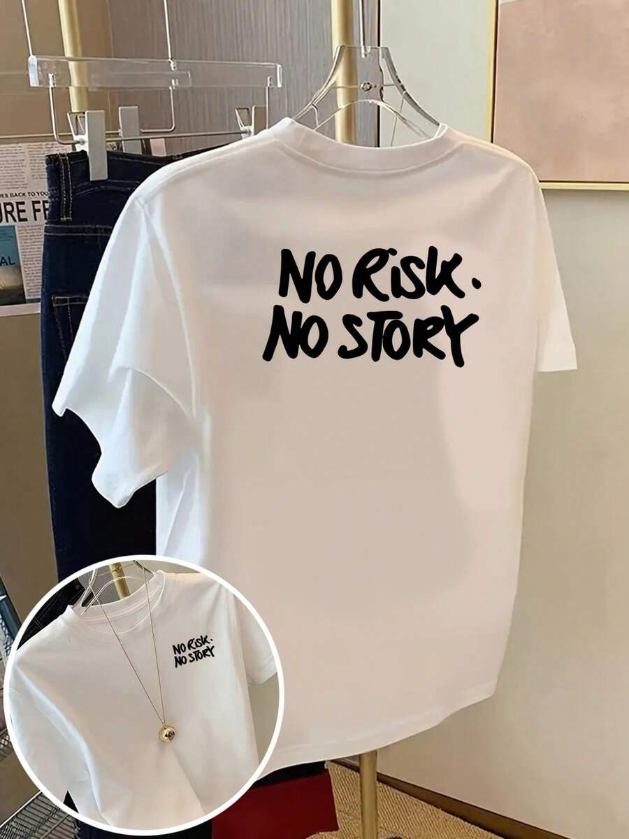 Oberteile, Vorder- und Rückseitendruck, modisches Kurzarm-Sommer-Top mit dem Aufdruck "NO RISK NO STORY", Rundhals-Herren-Freizeitoberteil - Weiss - Übersicht 1