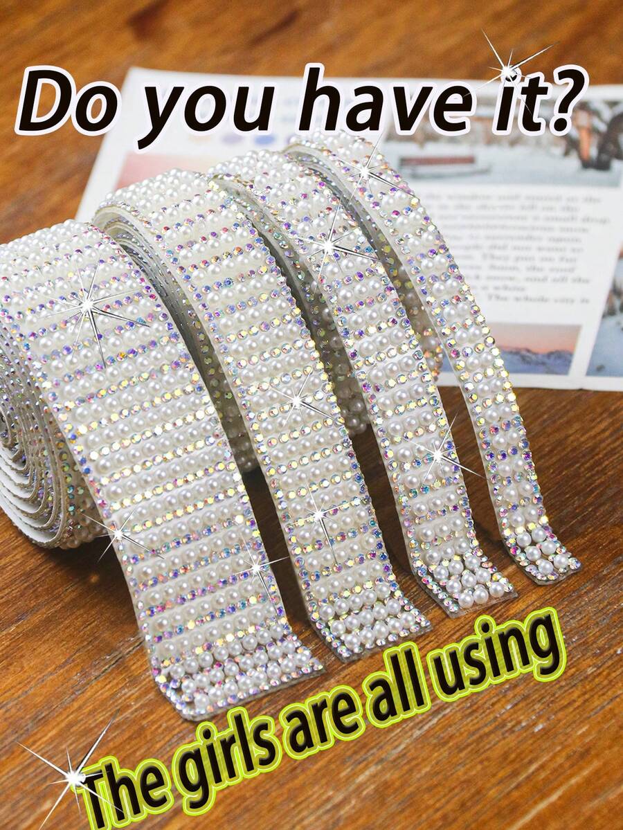 1 Roll Pearl AB Rhinestone Stickers, Self-Adhesive Pearl Rhinestone Ribbon, Pearl Packaging Roll, Crystal Pearl Strip, 3mm Ivory White Pearl Inlaid Tape, Diamond Bead Rhinestone Glitter Tape Stickers, DIY Wedding, Birthday Party Crafts, Car, Photo Frame, Apparel, Glass Cup, Gift Box Ribbon Decoration