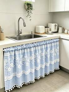 1pc Plaid Pattern Kitchen Short Curtain With Lace Trim And Pom Pom Decoration, Rod Pocket Top (Curtain Rod Not Included) Cabinet Curtain, American Country Pastoral Style Half Curtain, Suitable For Kitchen, Cafe, Bedroom And Other Decor - Blue - View 1