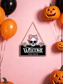 Pink Gothic Skull Welcome Sign, "Welcome Dead Inside" Text, Pink Skull Design, Suitable For Halloween Themed Parties, Halloween Surprise Party Decorations, Home Decor, Porch Decor, Haunted House Decor, Garden And Gothic Style Home Decor - One Size Fits All - View 3