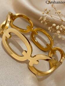 Camhanno 1pc Luxury Hollow Chain Bracelet, Stainless Steel Plated 18K Gold Anti-Fading Anti-Allergic, Geometric Chain Link Design, High-End Jewelry Suitable For Daily Commute And Dates - Gold - View 3