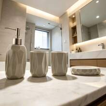 4-Piece Matte Gray Ceramic Bathroom Accessory Set, Modern Geometric Faceted Bathroom Organizer Kit With Soap Dispenser, Toothbrush Holder, Tumbler & Soap Dish, Complete Bathroom Countertop Storage Set For Home & Apartment - F-Beige - View 5