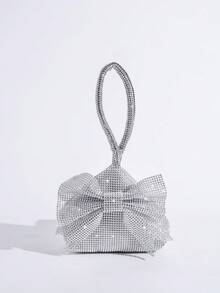 Sparkly Mini Bow Rhinestone Decor Evening Clutch Handbag Coin Purse Wallet - Silver - View 2