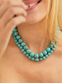 1 pièce Collier de perles turquoise bleu pour femmes, collier ras-du-cou à perle unique superposé, bijou de style bohème pour le port quotidien - Multicolore - View 1