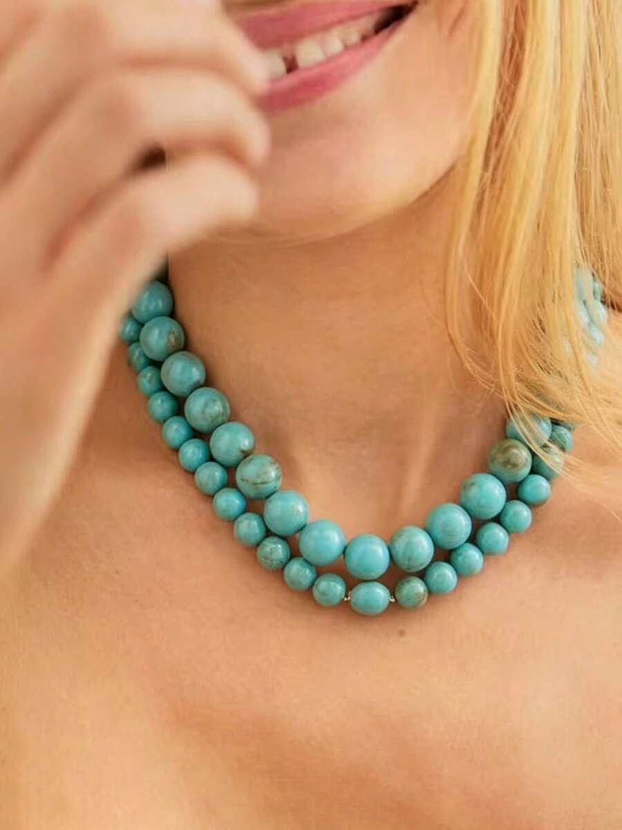 1 pièce Collier de perles turquoise bleu pour femmes, collier ras-du-cou à perle unique superposé, bijou de style bohème pour le port quotidien - Multicolore - View 1