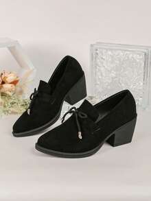 Pointed Toe Mary Jane Suede Women's Shoes Plus Size All Season New Slip-On Versatile Comfortable Thick Heel Low Vamp Shoes - Black - View 6