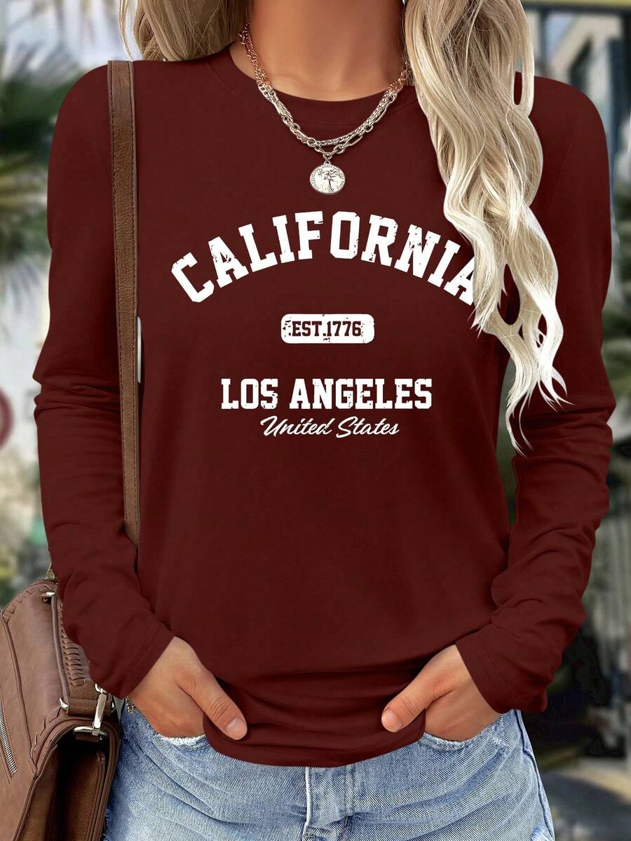 Top de manga larga para maternidad, corte holgado, talla grande, estampado moderno, casual y cómodo, adecuado para salir en otoño, invierno y primavera. - Burdeos - Ver 1