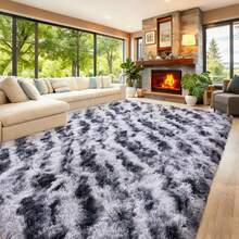 WISH TREE 8x10 Area Rugs For Living Room, Fluffy Shaggy Rug Soft Carpets, Big Rugs For Bedroom Home Decor Aesthetic Tie-Dyed Stipe Black Grey - Tie-dyed Stipe Black Grey - 查看 4