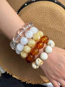 極簡棕色與白色透明紮染串珠彈性手鍊組，復古百搭疊戴飾品，適合海邊度假穿搭 - 彩色 - 查看 3