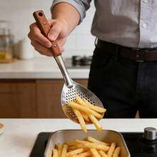 1pc/2pcs Wooden Handle 304 Stainless Steel Hollow Strainer Spoon, Heat-Resistant Hanging Cooking Utensil, Suitable For Frying French Fries, Boiling Noodles, Daily Kitchen Use - Multicolor - View 12