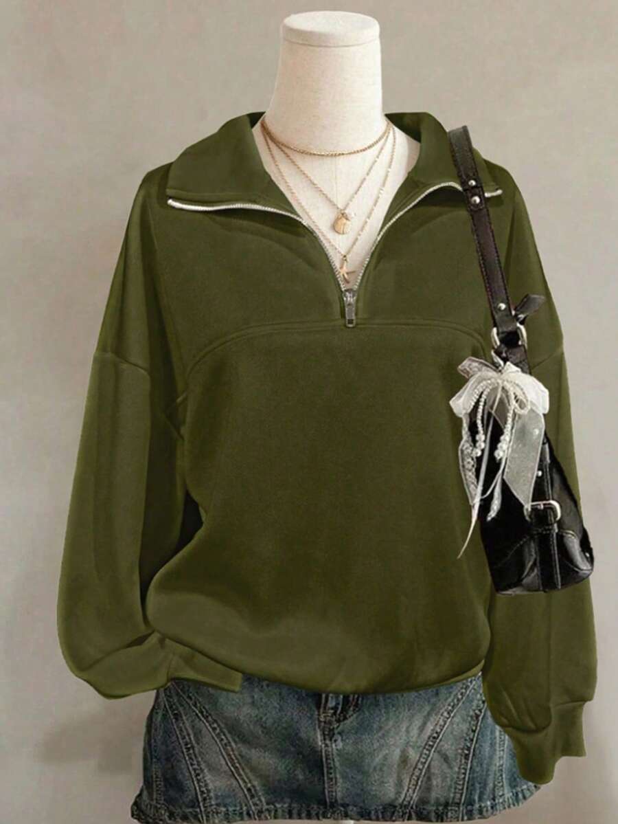 Ladies' Early Autumn New Women's Loose Quarter Zip Sweatshirt Fall Drop Shoulder Ribbed Cuff Loose Solid Color Casual Daily Streetwear - 綠色 - 查看 1