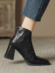 Women's Elegant Fashion Chunky Heel Leather Patchwork Pointed Toe Back Zipper Ankle Boots, Comfortable Height-Increasing Fashion Boots For Street, Outdoor, Commute - Black - View 3