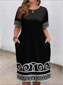 Plus Size Women Summer 2026 New Arrival Round Neck Contrast Color Short Sleeve Dress With Pockets Comfortable Elegant Fashion - Green Flowers - View 10