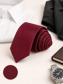 1pc Fine Twill Burgundy Tie For Men, Formal Dress, Daily Commute, Minimalist Solid Color - Burgundy - View 5