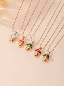 1 pieza Collar con colgante de hongo colorido y lindo de acero inoxidable color dorado, de moda para mujer, adecuado para usar o como regalo - Amarillo Oro - Ver 2