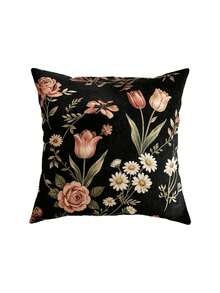 1/2/4Pcs 2D Flat Printed Exquisite Floral Pattern Single-Sided Printed Pillowcase Sofa Cover - Non-True Embroidery, Home Decor Pillowcase - Black and Pink - View 8