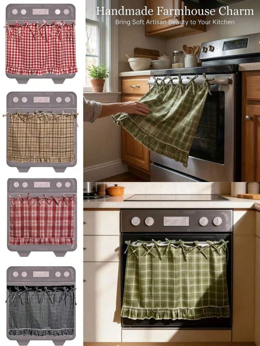 Handmade Farmhouse Style Oven Skirt Cover, Handmade Oven Cover, Heat Resistant Rustic Ruffled Tie-On Oven Skirt Cover, Easy To Install, Hides Clutter, Fits Stovetops, With Ties And Ruffle Trim, Fits All Oven Models. - Multicolor - View 1