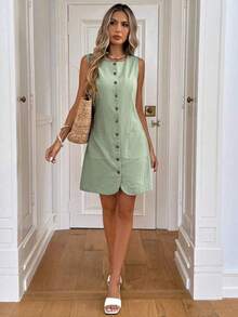 Vestido mini casual con botones y bolsillos para mujer - Azul - Ver 8