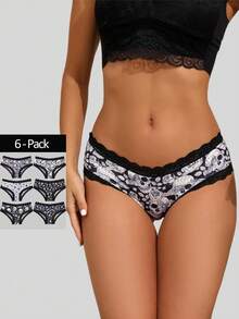 Dircho 6pcs Gothic Print Women's Panties - High Waist Elastic Lace Trim Panties, Skull, Rose And Star Patterns - Multicolor - View 1