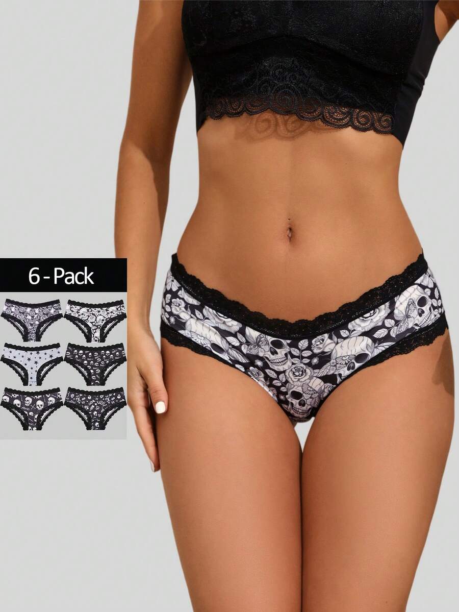 Dircho 6pcs Gothic Print Women's Panties - High Waist Elastic Lace Trim Panties, Skull, Rose And Star Patterns - Multicolor - View 1