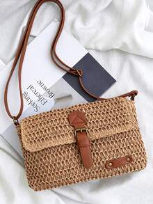 Vintage Fashion Woven Crossbody Bag Large Capacity Beach Bag Beach Vacation Straw Shoulder Bag Summer Holiday Woven Bag Crossbody Messenger Bag - 小號卡其色 - 查看 10