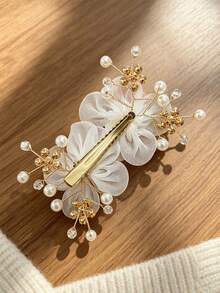 1 pieza Tocado nupcial, accesorio para el cabello de mujer con flores de seda 3D envueltas a mano, clip lateral elegante francés con perlas y strass, accesorio para peinado nupcial trenzado, adecuado para boda/fiesta de vacaciones/novia dama de honor, estilo para todas las estaciones, pinzas para el cabello - Multicolor - Ver 4