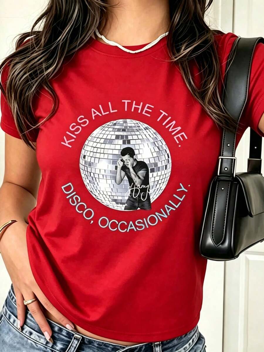 Women's Casual T-Shirt 100% Cotton | Women's Short Sleeve Crew Neck T-Shirt With Casual Print, Harry Style, Kiss All The Time Disco Occasionally, Disco Ball, Love On Tour Essential (2) Men's Loose Fit Short Sleeve T-Shirt | Exquisite Design | Summer Must-Have | Versatile And Easy To Match | Show Off Your Style With This Short Sleeve Crew Neck T-Shirt. | Machine Washable | Suitable For All Seasons, Comfortable And Fitted. | Bright Digital Print T-Shirt, Casual And Versatile - 紅色 - 查看 1