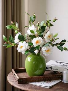 1PC Artificial White Snow Stream Camellia. Suitable For Home And Wedding Decoration, Floral Displays In Dining Rooms, Living Rooms, Bedrooms And Beside Beds. Also Great For Bridal Bouquets, Birthday Party Decor, Holiday And Valentine's Day Gifts. - White - View 7