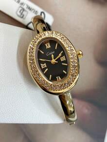 This 2pcs/Set Elegant Rhinestone Watch Is A Fashionable, Minimalist, Luxurious Full Rhinestone Women's Quartz Watch, Paired With A Heart-Shaped Diamond Bracelet Set, Suitable For Holidays, Parties, Weddings, Gatherings And Daily Wear, Making It The Perfect Gift For Women. - Gold - View 2