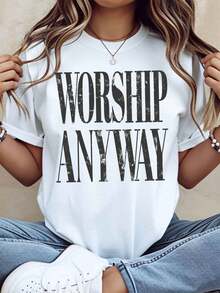 Women's Casual Wear T Shirt,Printed"You Must Worship No Matter What"Pattern,Suitable For Daily Wear And Religious Activities,220Gram - White - View 1