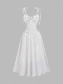 ghadjgyjad  Vestido largo con tirantes finos, espalda anudada y estampado retro de lunares estilo francés, en color rojo lunares para vacacion - Blanco - Ver 1