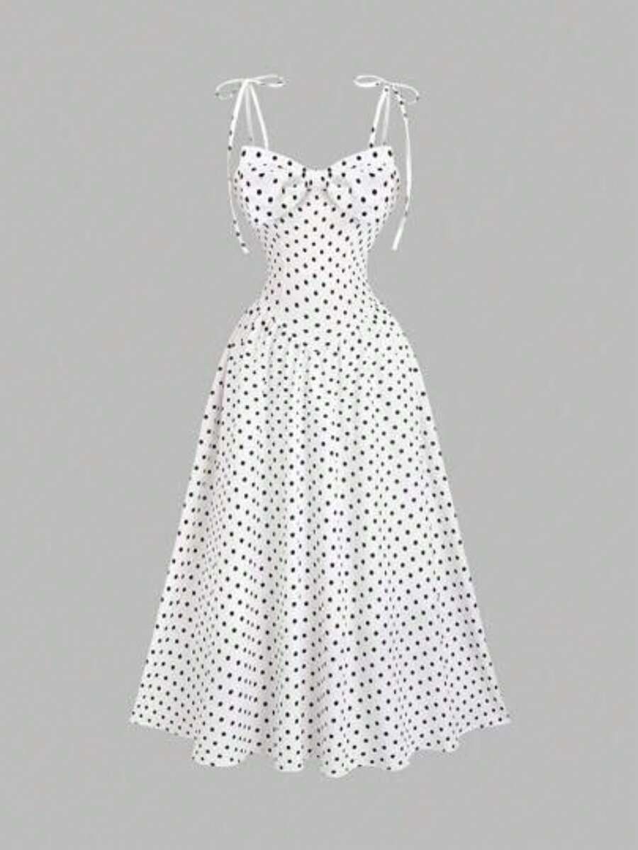 ghadjgyjad Vestido largo con tirantes finos, espalda anudada y estampado retro de lunares estilo francés, en color rojo lunares para vacacion - Blanco - Ver 1