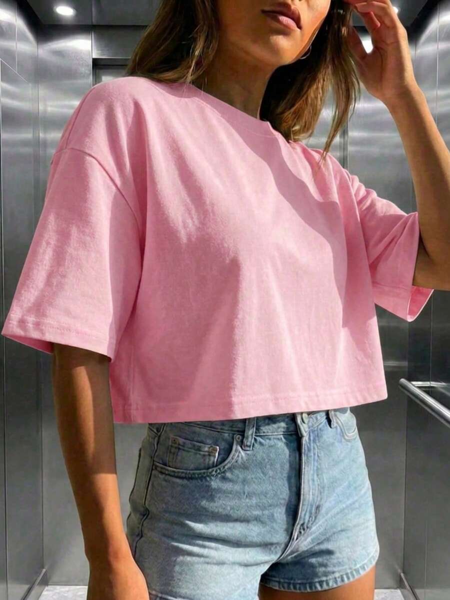 女款圓領短袖寬鬆休閒上衣，極簡優雅性感 Y2K 街頭風 粉色夏季