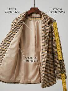 Women's Checkered Tweed Blazer, Casual Elegant Checkered Pattern With Buttons On The Front. - 棕色 - 查看 8