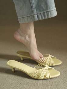 New Summer Woven Strap Open Toe High Heel Sandals,Kitten Heels - Yellow - View 2