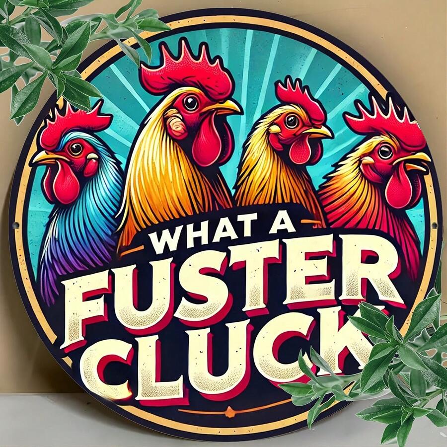 1件 8 X 8 英吋 (20 X 20 公分) 趣味標語「What The Fuster Cluck」復古農舍風格圍欄裝飾金屬牌,預鑽孔,款式如尺寸表所示 - 多色 - 查看 1