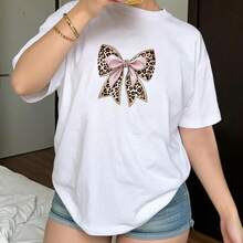 Camiseta de manga ccomndota con estampado de lazo leopardo y cinta rosa para mujer estilo casual verano - Negro - Ver 1