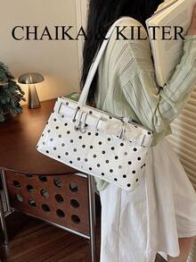 CHAIKA & KILTER 1件純色PU布料女款時尚肩背包，腋下HOBO包，滿版圓點圖案，肩帶裝飾，拉鍊開合，雙手把設計，適合日常購物（附吊飾） - 白色 - 查看 6