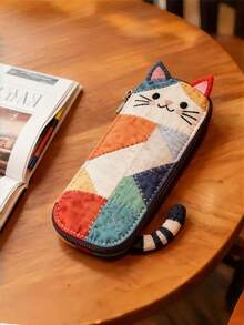 1PC Cute Patchwork Cat Pencil Case, Colorful Quilted Fabric Pen Bag, Decorated With Cat Ears And Tail, Adorable Cartoon Kitten, B, First Day Of School - Multicolor - View 4