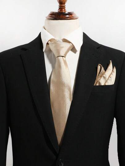 1 Set Men's Casual Polka Dot Pocket Square And Solid Color Hand-Tied Tie, Suitable For Banquets, Daily Commute, Versatile