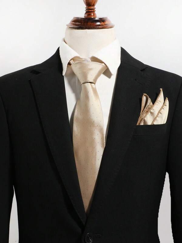 1 Set Men's Casual Polka Dot Pocket Square And Solid Color Hand-Tied Tie, Suitable For Banquets, Daily Commute, Versatile