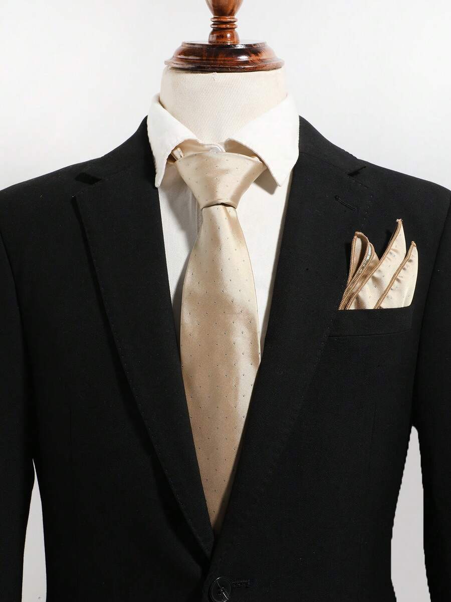 1 Set Men's Casual Polka Dot Pocket Square And Solid Color Hand-Tied Tie, Suitable For Banquets, Daily Commute, Versatile - Multicolor - View 1