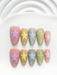 10片清新風手工穿戴甲，Polygel美甲套組，手繪五角星圖案，紫色、黃色、藍色、綠色、粉色指甲油，透明款，含美甲工具，3種尺寸可選，方型、短方型、杏仁形，適合派對、跳舞、日常配戴 - 彩色 - 查看 13