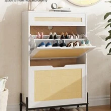 Slim Wooden Shoe Cabinet For Entryway  Rattan & Linen Panels,Adjustable Shelves - White - View 4