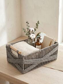 1pc/2pcs Paper Woven Storage Basket With Handle, Lace Decorated Desktop Organizer Box, Rectangular Basket Suitable For Cosmetics, Keys, Remote Controls, Snacks, Clothes And Toys, Home Multi-Functional Decorative Storage Rack, Halloween And Christmas Gift, Minimalist Style, Clean - Dark Grey - View 3
