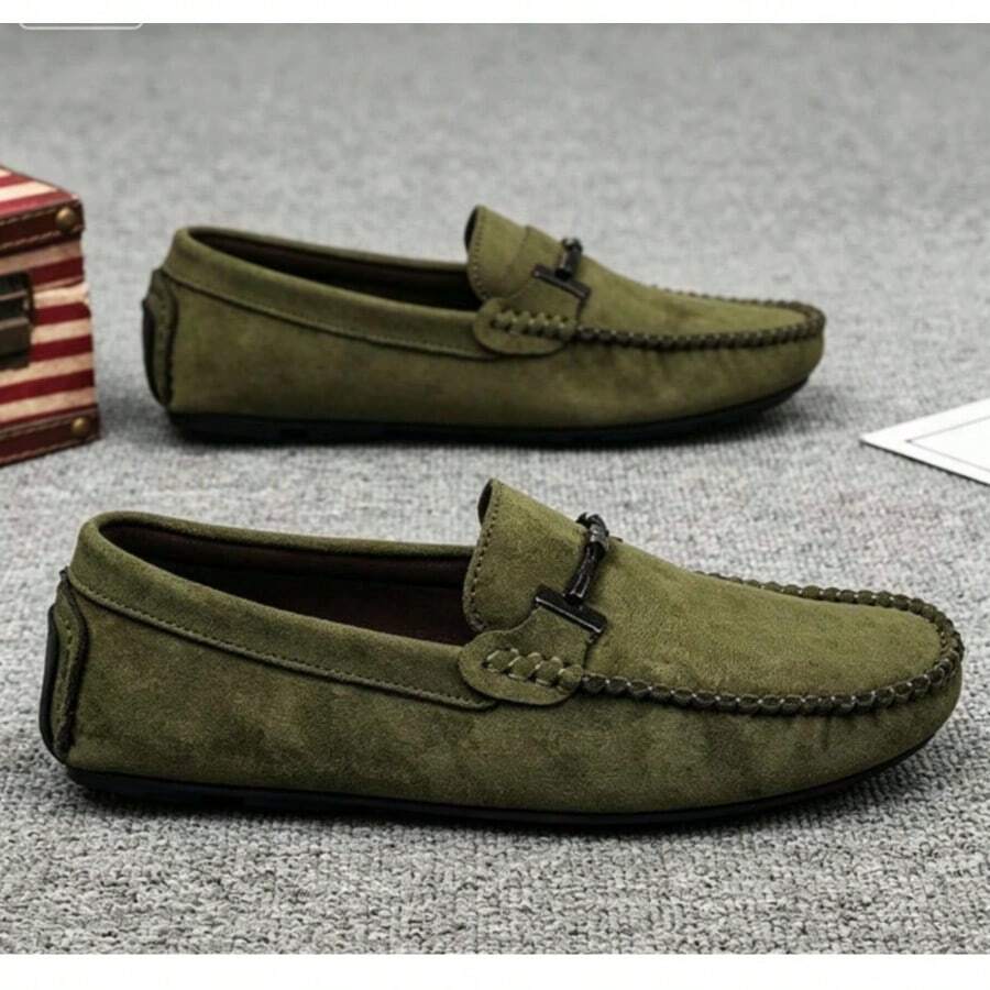 Men's Loafers Lightweight Handmade Stitching Solid Color Slip-On Flat Shoes, Men's Casual Moccasins Boat Shoes - Army Green - View 1