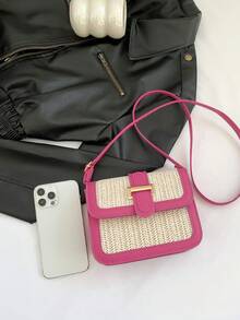 Sac en paille tressée pour femmes, sac bandoulière patchwork minimaliste à la mode, sac carré polyvalent de petite taille, mini sac carré, paille tressée avec matériau PU - Rose vif - Voir 6