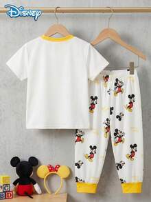 Disney 男嬰夏季可愛卡通米老鼠印花休閒短袖長款睡褲家居服套裝，兒童彈性針織柔軟舒適長褲睡衣 - 黃色 - 查看 3