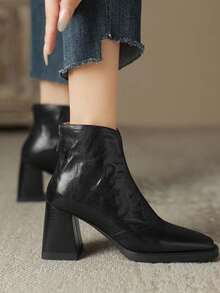 Women's Elegant Fashion Chunky Heel Leather Patchwork Pointed Toe Back Zipper Ankle Boots, Comfortable Height-Increasing Fashion Boots For Street, Outdoor, Commute - Black - View 2