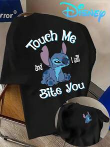Disney Lilo & Stitch "Touch Me And I Will Bite You" Front & Chest Mini Print Crew Neck Tee, Sassy Cartoon Casual Top - 黑色 - 查看 1